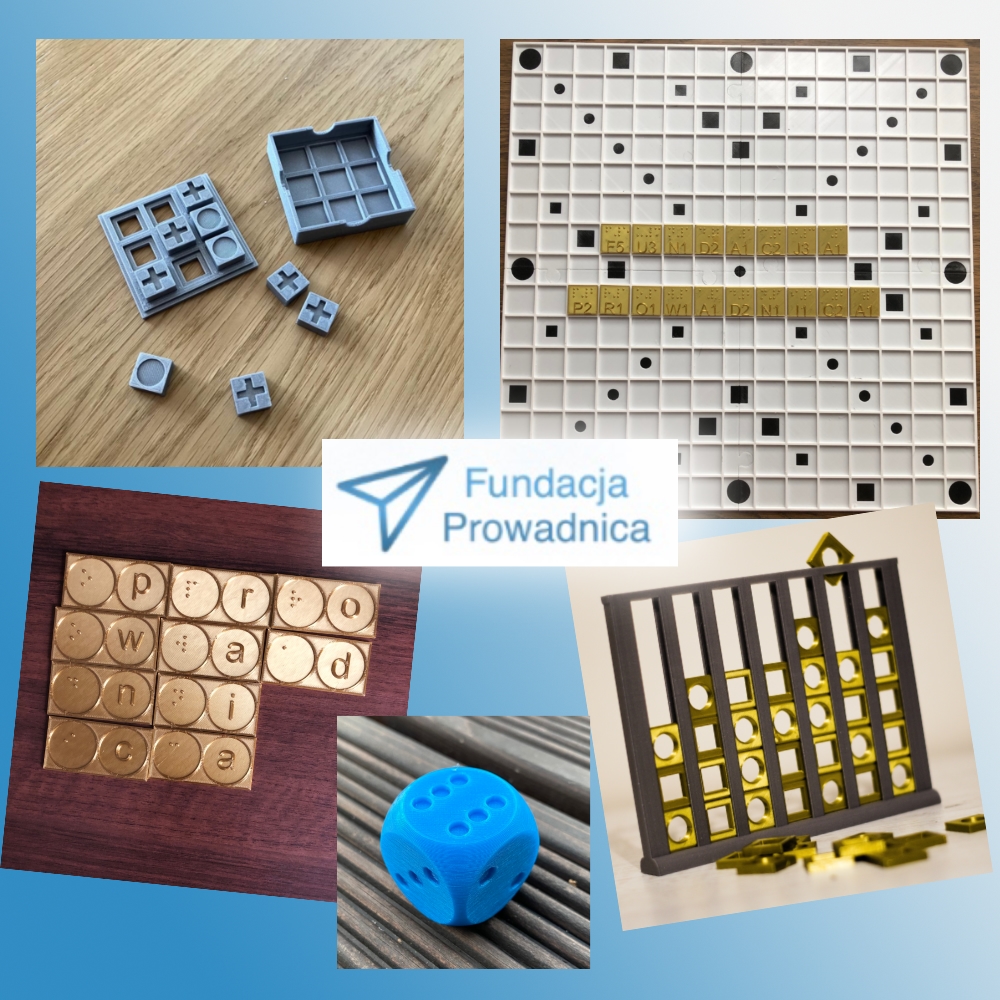 Kolarz z różnych produktów oferowanych przez Fundację Prowadnica, w środku logo Fundacji