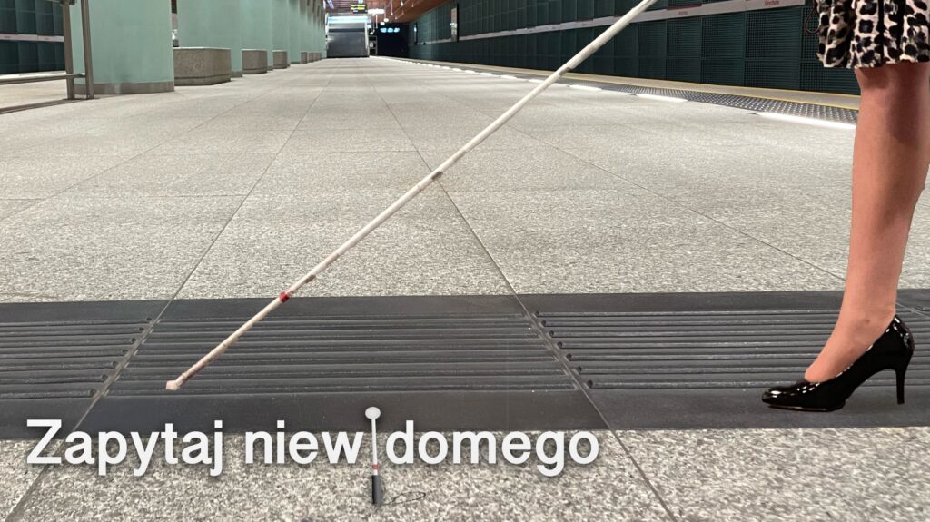 Wnętrze stacji metra. Na pierwszym planie znajduje się biała laska na ścieżce prowadzącej, obok laski widać kobiecą nogę w bucie na wysokim obcasie, kobieta ma na sobie sukienkę w panterkę. U dołu obrazka napis Zapytaj Niewidomego.